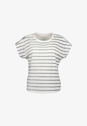 Bílé tričko se šedými vodorovnými pruhy, krátkými rukávy, širokým výstřihem a volným střihem. Vyrobeno z lehkého bavlněného materiálu.