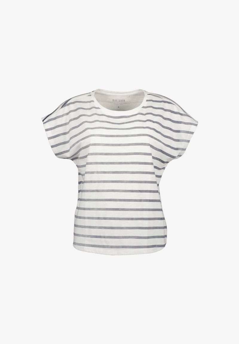 Biała koszulka z szarymi poziomymi paskami, krótkimi rękawami, szerokim dekoltem i luźnym krojem. Wykonana z lekkiego bawełnianego materiału.