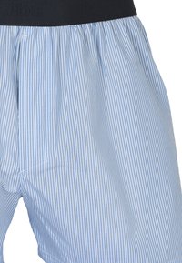 Pantaloni corti da uomo a righe blu chiaro con una cintura elastica nera. Il tessuto è morbido, con sottili righe verticali e una vestibilità ampia.