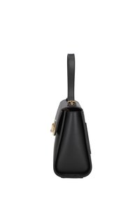 Borsa a tracolla in pelle nera con una forma triangolare strutturata, manico superiore e dettagli in metallo dorato. Texture liscia con cuciture precise.