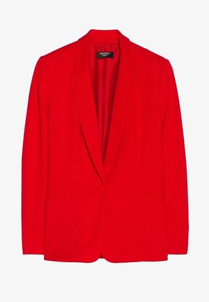 Czerwony żakiet z klapami, z pojedynczym zapięciem na guzik, dwoma przednimi kieszeniami, dopasowanym krojem i teksturowanym podszewką wewnętrzną.