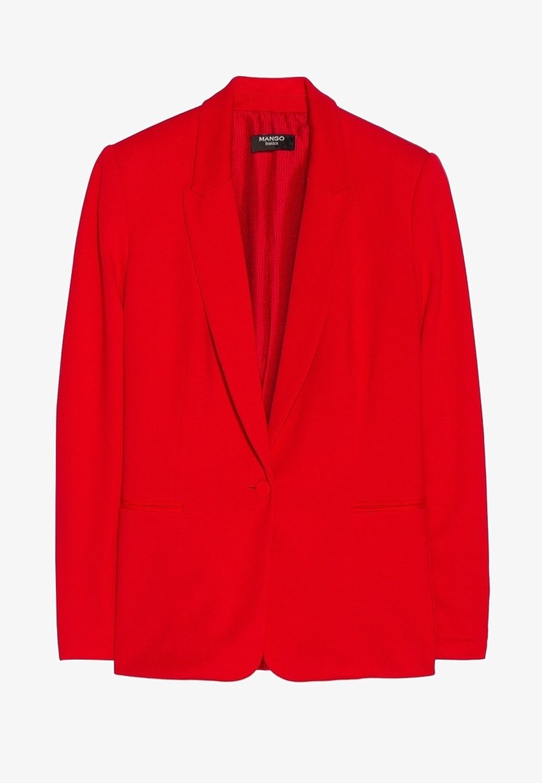 Blazer rojo con solapa muesca, cierre de un botón, dos bolsillos frontales, ajuste estructurado y forro interior texturizado.