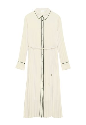 Kremowa plisowana sukienka midi z długim rękawem, ozdobiona czarnym obszyciem na kołnierzu, listwie guzikowej i mankietach, z taliowaniem na sznurek.