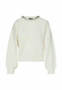 Maglione bianco a coste con maniche lunghe a palloncino e scollatura decorata con perline. Presenta una vestibilità cropped e un tessuto testurizzato.