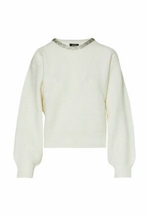 Maglione bianco a coste con maniche lunghe a palloncino e scollatura decorata con perline. Presenta una vestibilità cropped e un tessuto testurizzato.