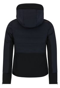 Veste matelassée noire et bleu marine foncé avec manches longues, capuche fixée et détails de fermeture éclair aux poignets, vue de dos.