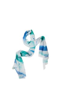 Lightweight scarf featuring a watercolor design in shades of blue and green, with horizontal stripes and subtle dot patterns.