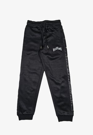 Pantaloni tuta neri con cinture elastiche in vita, cordino e bottoni a scatto laterali. Presentano dettagli del logo e una superficie liscia sui lati.