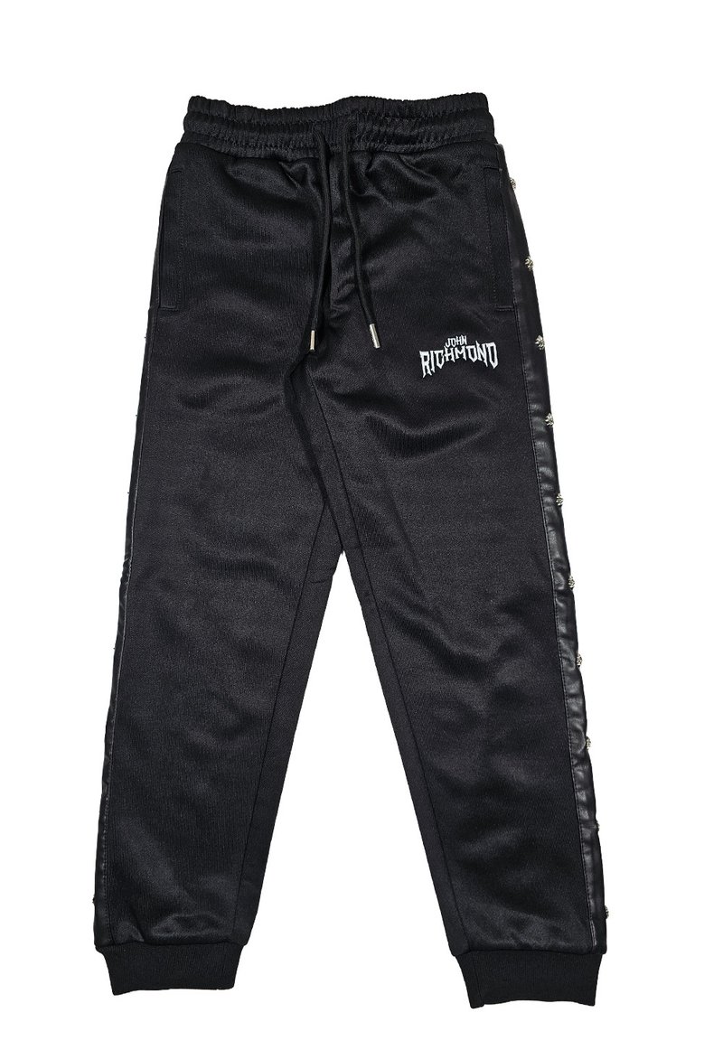 Pantaloni tuta neri con cinture elastiche in vita, cordino e bottoni a scatto laterali. Presentano dettagli del logo e una superficie liscia sui lati.