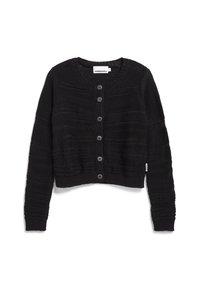 Schwarze Strickjacke mit langen Ärmeln, sieben Knöpfen an der Vorderseite, strukturierten Stoff mit horizontalen Streifenmustern, kurz geschnittenes Design.