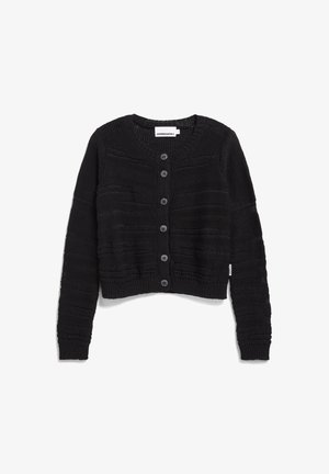 Schwarze Strickjacke mit langen Ärmeln, sieben Knöpfen an der Vorderseite, strukturierten Stoff mit horizontalen Streifenmustern, kurz geschnittenes Design.
