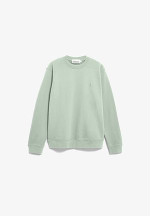 Light green long-sleeve crewneck sweatshirt with ribbed cuffs and hem, small embroidered logo on left chest, and branded neck label.