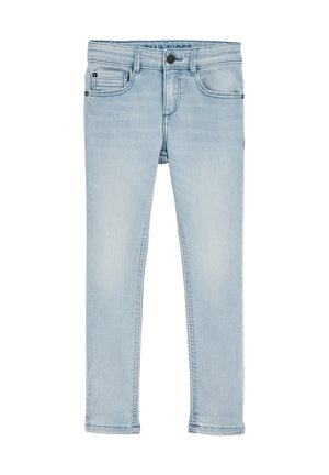Jeans in denim azzurro chiaro con vestibilità slim, chiusura a bottone, tasche frontali, leggero sbiadimento e dettagli di cucitura lungo le cuciture.