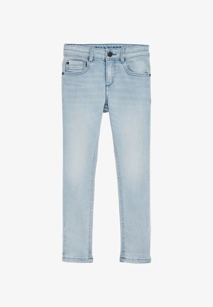 Jeans en denim bleu clair avec une coupe slim, fermeture à bouton, poches avant, décoloration subtile et détails de couture le long des coutures.