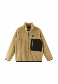 Teddyfleece-Jacke in Tan mit hohem Kragen, Reißverschluss vorne und einer dunklen Tasche auf der linken Brust. Mit gerippten Bündchen und einem schwarzen Saum.