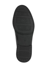 Suola di scarpa nera in gomma testurizzata, con motivi circolari e lineari, taglia contrassegnata come "37" sul lato, e bordo cucito.