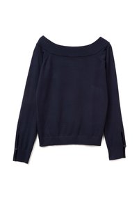 Námořnická modrá svetr bez ramínek s ribovaným výstřihem, dlouhými rukávy, bočními rozparky na manžetách a přiléhavým lemem. Vyrobeno z měkké pletené tkaniny.