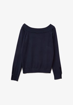 Granatowy sweter na ramiączkach z prążkowanym dekoltem, długimi rękawami, rozcięciami na mankietach i dopasowanym dołem. Wykonany z miękkiej dzianiny.