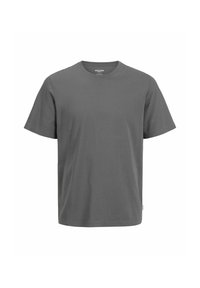 Camiseta de algodón gris de cuello redondo con mangas cortas. Dobladillo recto con una sutil etiqueta de la marca en el lado inferior. Textura suave, diseño minimalista.