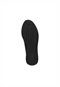 Black rubber shoe sole with a zigzag tread pattern and circular accents. The base features a logo and size indicators, designed for traction.