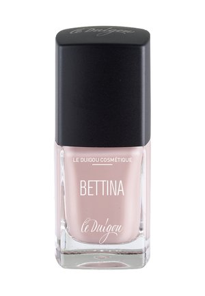 Smalto per unghie in una boccetta di vetro rettangolare con base trasparente e tonalità di rosa chiaro, con tappo nero opaco riportante testo bianco.