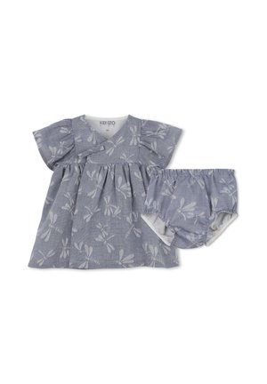 Robe bleue pour tout-petit avec motif de libellules et culotte assortie, manches courtes et taille froncée.