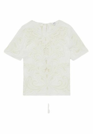 Hvid bluse med korte ærmer, udsmykket med intrikate broderede blomsterdesigns, struktureret overflade og en let åben ryg med bindebånd.