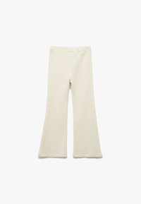 Valkoisakermainen kellotettu housut, joissa on teksturoitu kangas, varustettuna joustavalla vyötärönauhalla ja sileällä, pehmeällä pinnalla.