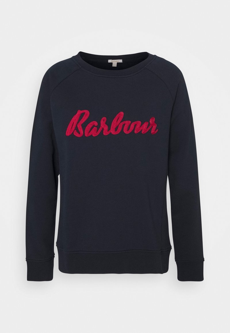 Marineblauwe sweatstof gemaakt van zachte stof met een rood geborduurd "Barbour"-logo op de borst. Rondhals met geribbelde manchetten en zoom.