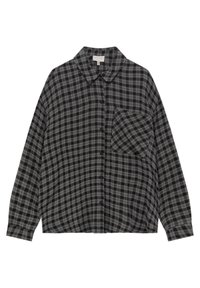 Chemise à manches longues noire et grise à carreaux, avec un col et une seule poche poitrine sur fond blanc.