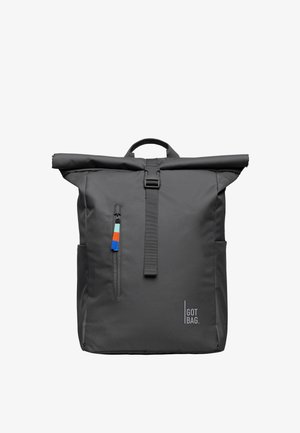 Black roll-top backpack made of durable fabric. Features a front zip pocket, adjustable strap, and a colorful zipper pull accent.