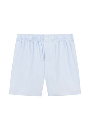 Boxer da uomo in cotone azzurro chiaro con elastico in vita e chiusura a due bottoni su sfondo bianco.