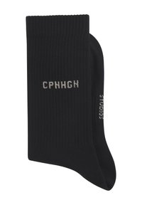 Schwarze Rippensocken mit dem hellgrauen Schriftzug "CPNHGN" auf der Vorderseite und der Größenangabe "37-39" an der Seite.