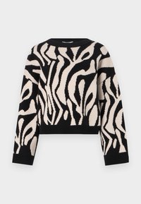 Svart og kremfarget strikket genser med et abstrakt bølgete mønster, rund hals, lange ermer og en cropped hem. Myk tekstur og elastiske mansjetter.