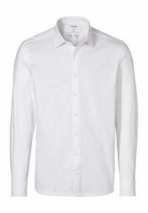 Camicia bianca a maniche lunghe con bottoni realizzata in tessuto liscio. Presenta un colletto classico, una chiusura frontale con bottoni e polsini standard. Design minimalista.