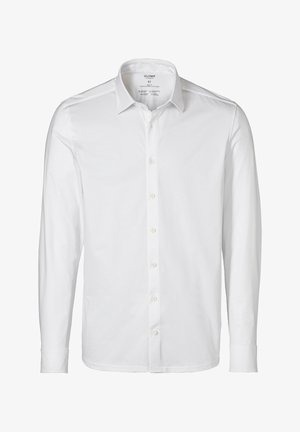 Weiße langärmlige Hemdbluse aus glattem Stoff. Verfügt über einen klassischen Kragen, durchgeknöpfte Vorderseite und Standardmanschetten. Minimalistisches Design.