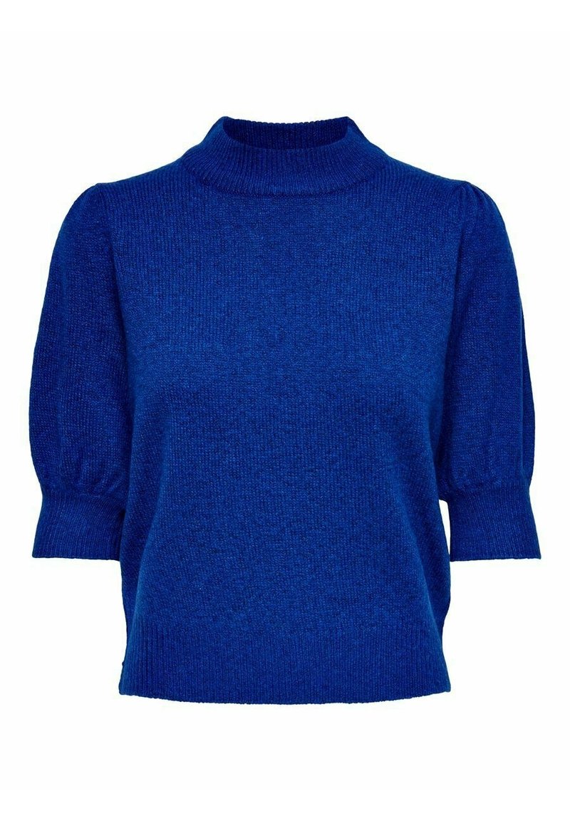 Blauer gestrickter Pullover mit hohem Kragen, kurzen Puffärmeln und einer strukturierten Oberfläche. Hergestellt aus weichem, warmem Stoff.