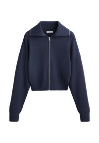 Marineblauer, cropped Reißverschluss-Pullover mit einem texturierten Muster, weitem Kragen und gerippten Bündchen. Verfügt über einen silbernen Reißverschluss und Kontrastnähte entlang des Kragens.
