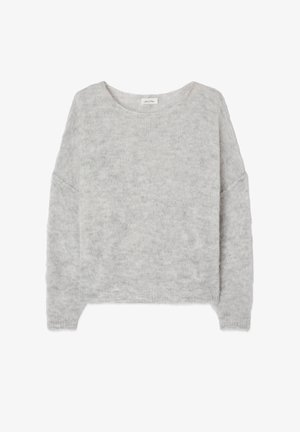 Light gray sweater made of soft, fuzzy material. Features a wide neckline and dropped shoulders. Simple, unembellished design.