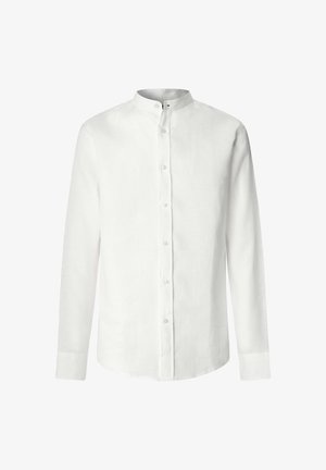 Witte lange mouwen herenoverhemd met mandarijnkraag en knoopsluiting aan de voorkant, effen ontwerp, getailleerde pasvorm, zonder patronen of logo's.