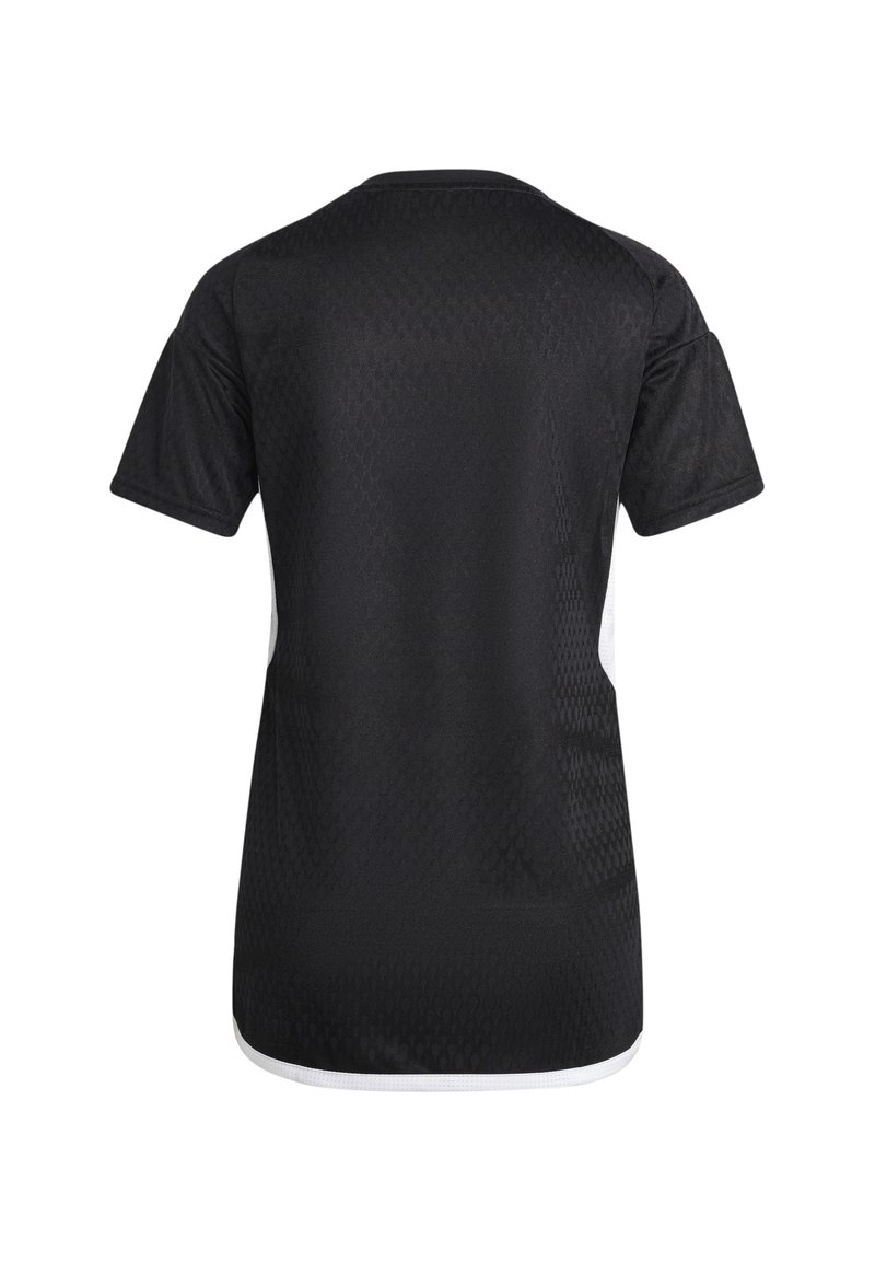Czarny sportowy T-shirt z teksturowanym wzorem, krótkimi rękawami i białymi akcentami po bokach oraz u dołu. Lekka, przewiewna tkanina.