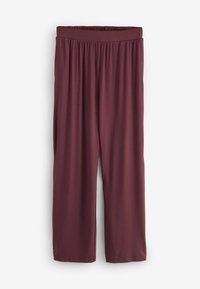 Pantalones capri burdeos con cinturilla elástica, fabricados en una tela suave y lisa. Presentan un corte relajado y costuras laterales para mayor libertad de movimiento.