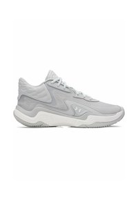 Light gray athletic shoe with a mesh upper, padded collar, and textured accents. Features a thick white sole with a patterned tread.