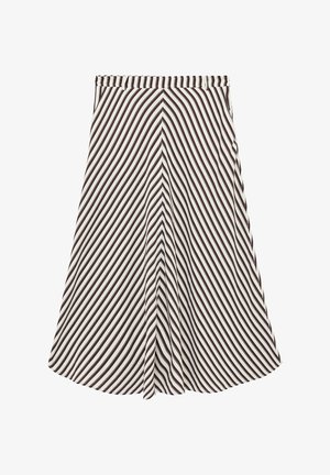 A-line midi skirt with diagonal brown and white stripes converging at the center seam, featuring side pockets and a waistband.