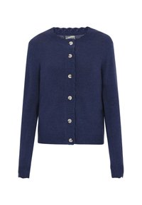 Navy knitted cardigan with a scalloped collar, six silver buttons down the front, and long sleeves. Soft texture and fitted design.