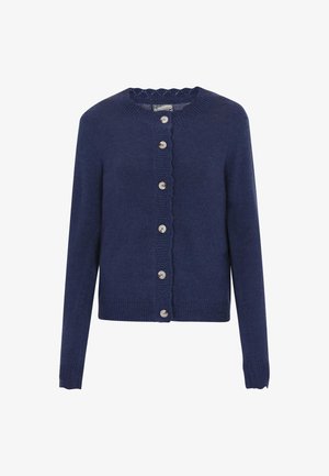 Granatowy sweter z dzianiny z falbaniastym kołnierzem, sześcioma srebrnymi guzikami z przodu i długimi rękawami. Miękka faktura i dopasowany krój.