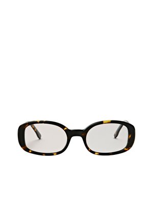 Lunettes rectangulaires écaille avec monture large et verres transparents sur fond blanc, branches inclinées vers l'arrière.