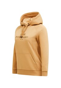 Sennepsgul hoodie med en front kangaroo-lomme, snor i hætten og broderet "Peak Performance" logo i mørkebrun. Blød stofstruktur.