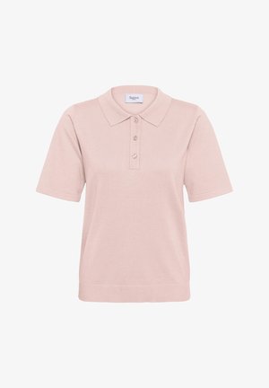 Hele roosa polo-särk, valmistatud tekstuurse kudumkangast, millel on krae, kolm nööpi ja lühikesed varrukad. Lihtne, klassikaline disain.