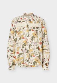 Μπλούζα με κουμπιά και μακριά μανίκια με πολύχρωμο λουλουδένιο σχέδιο, λεπτομέρειες από δαντέλα στο στήθος και στα μανίκια και πιετά μανσέτες σε ανοιχτό φόντο.